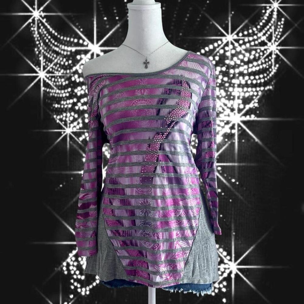 Y2K striped heather grey and pink top